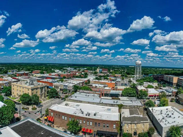Historic Downtown McKinney from the air, the courthouse square at the centre