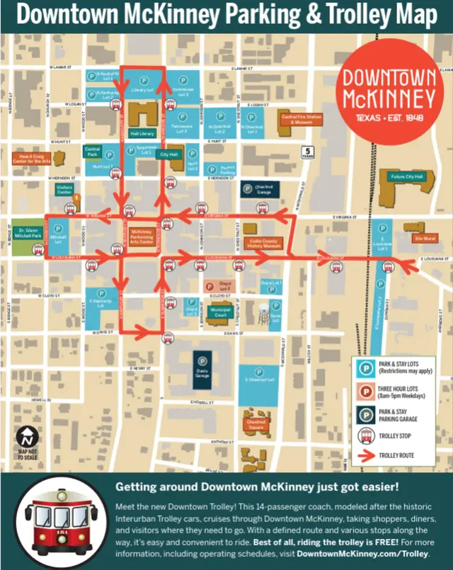 Map of Historic Downtown McKinney showing the trolley route, designated stops, and locations of all public parking lots and garages