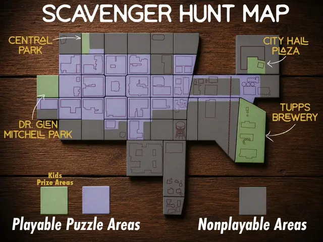 Map of the Downtown McKinney Scavenger Hunt playable area, with green kids' prize areas at Central Park, City Hall Plaza, Dr. Glen Mitchell Park, and Tupps Brewery, purple playable puzzle areas throughout the downtown blocks, and gray nonplayable areas