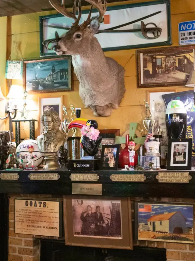 Deer head above mantle of fireplace at The Celt