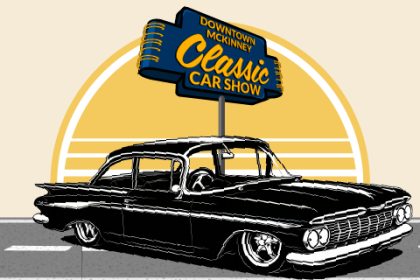 Downtown McKinney Classic Car Show logo featuring an illustration of the downtown neon sign, modified to say "Downtown McKinney Classic Car Show", a black classic car, and logos from supporting partners.