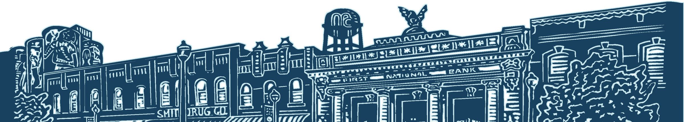 Woodblock print of the Downtown McKinney skyline